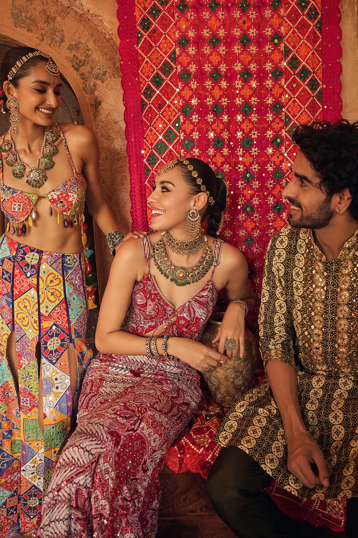 MULTICOLOUR MOSAIC CROP BLOUSE WITH MIRROR TASSELS & PANELLED SKIRT SET