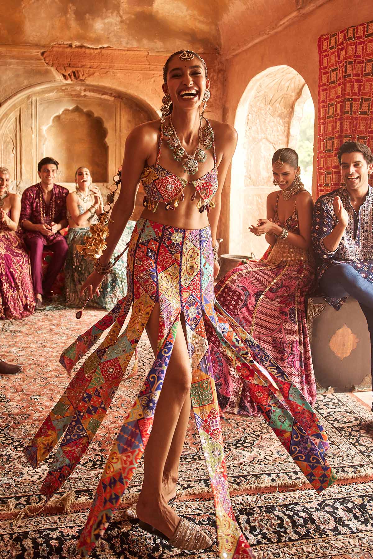 MULTICOLOUR MOSAIC CROP BLOUSE WITH MIRROR TASSELS & PANELLED SKIRT SET
