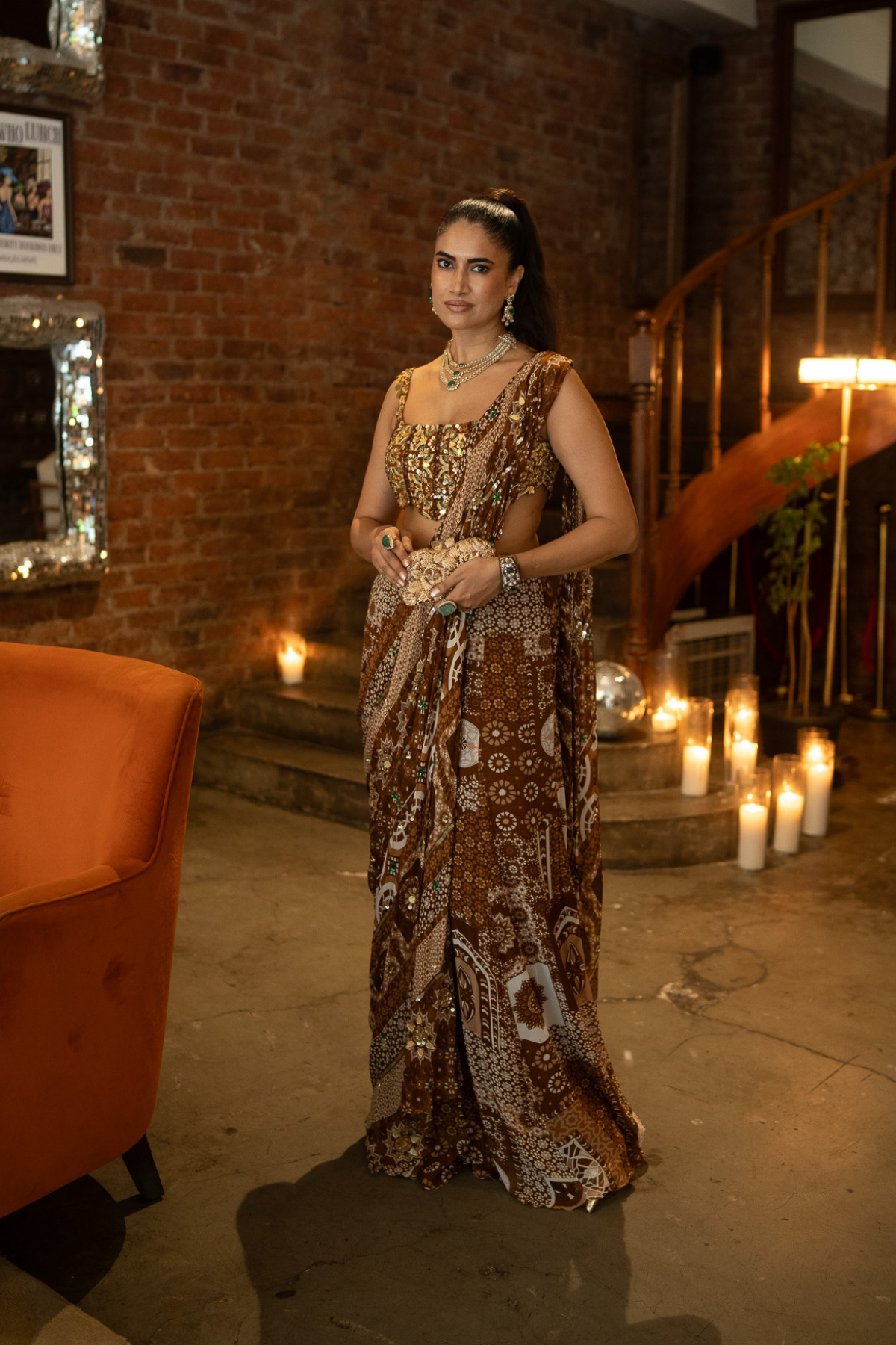 Alisha in Caramel Print And Highlighted Corset Blouse Saree Set