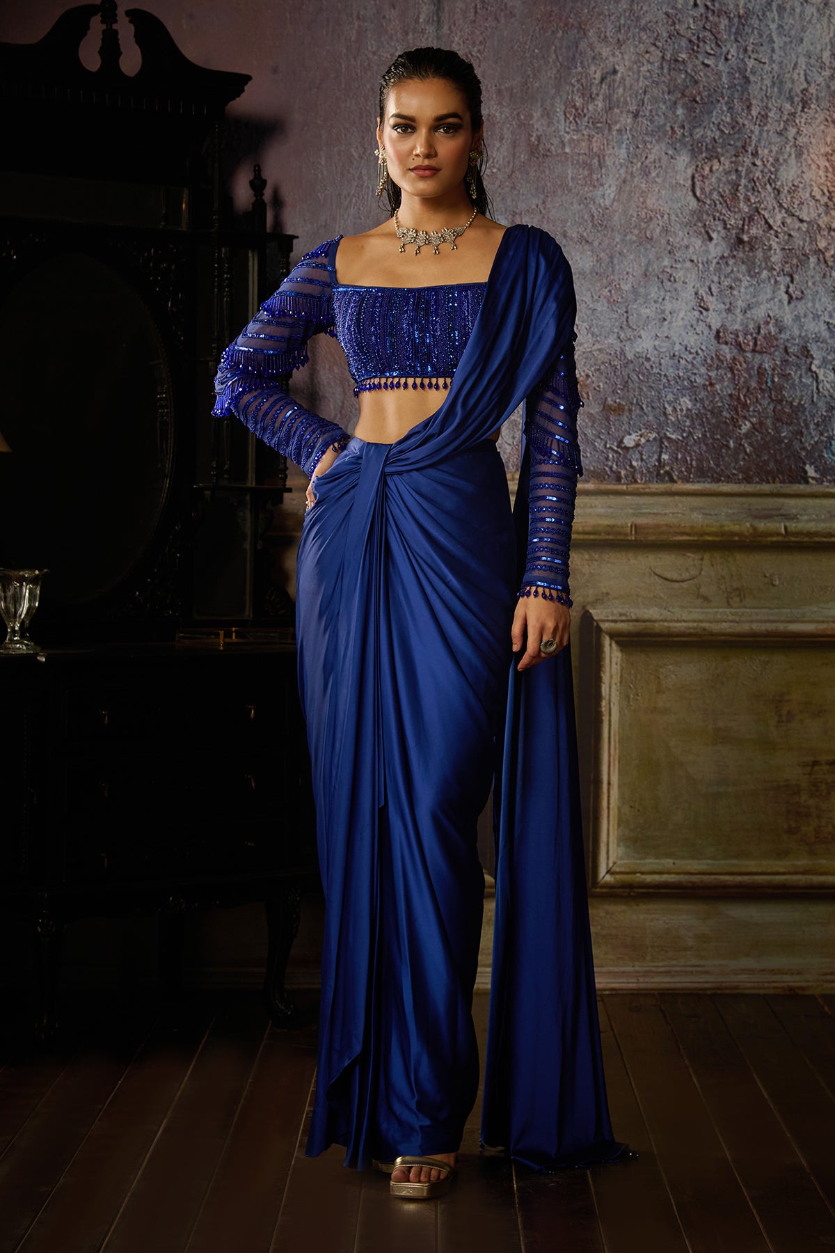 COBALT BLUE PRE DRAPED SAREE SET - Main Image