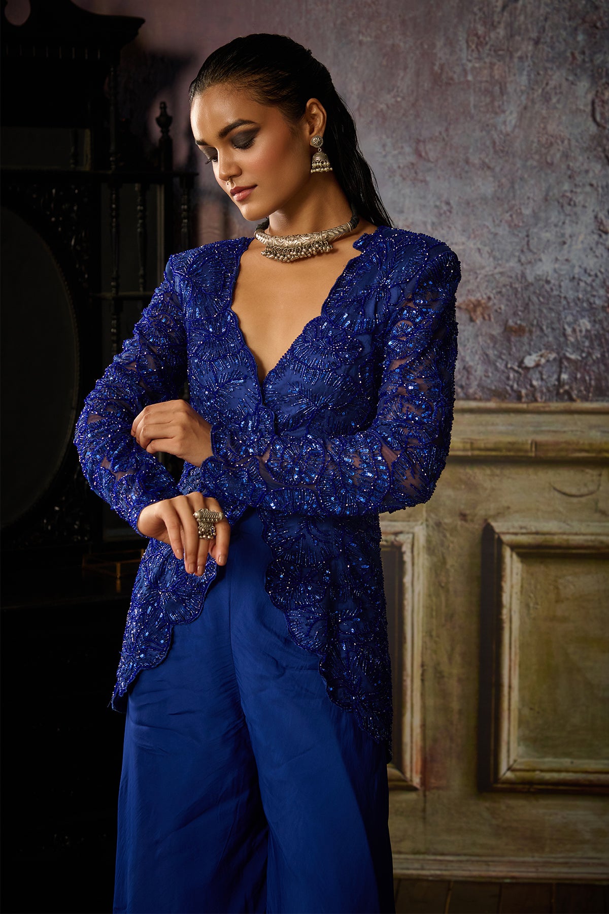 MRUNAL THAKUR IN BLUE JACKET SHARARA SET