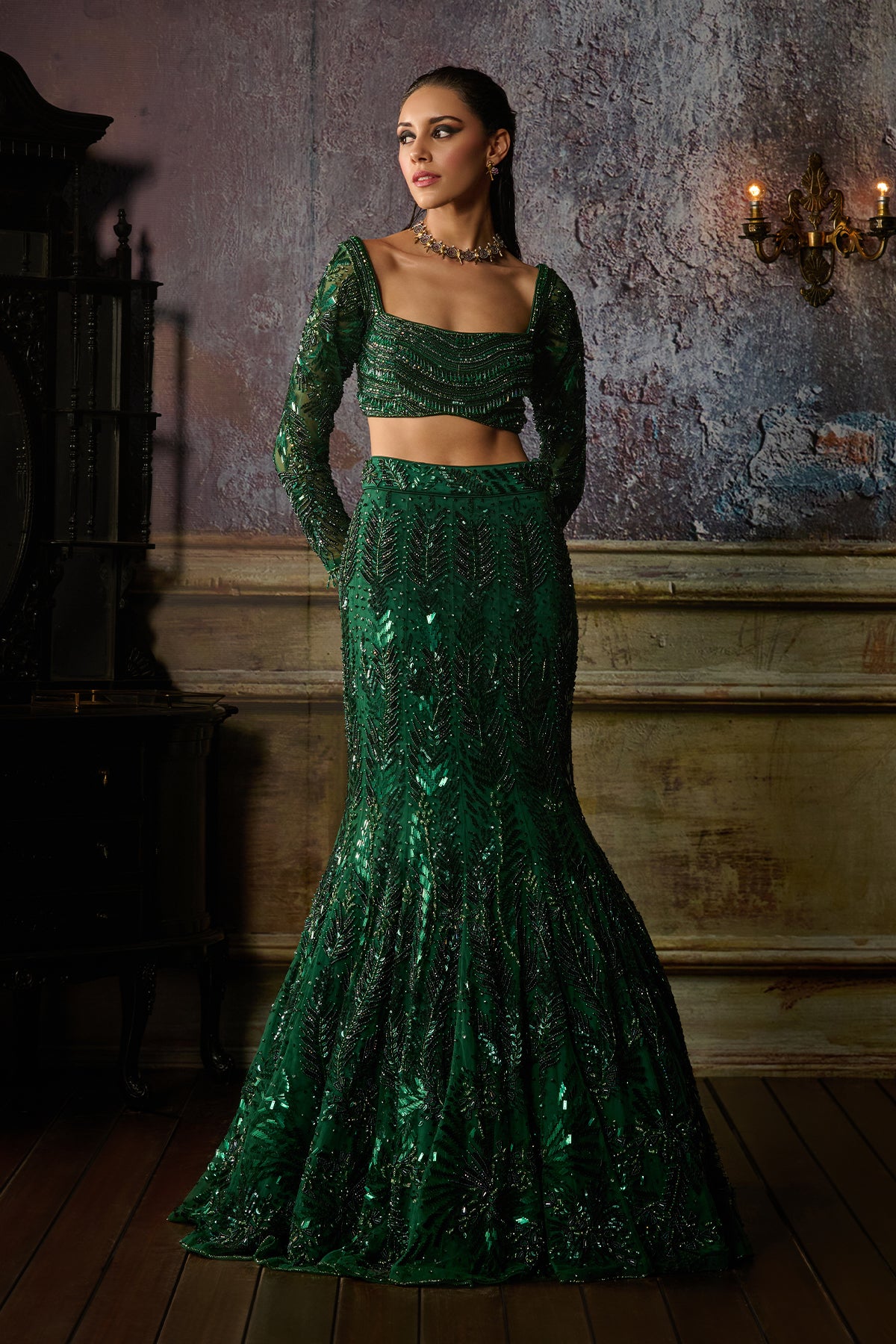 mermaid skirt dresses BOTTLE GREEN FULLY EMBROIDERED BLOUSE AND MERMAID SKIRT SET