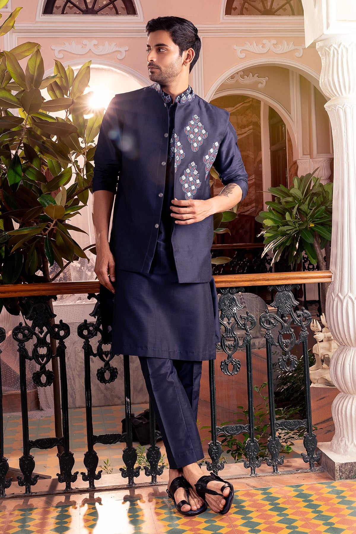 Dark Blue Embroidered Kurta, Bundy & Pants