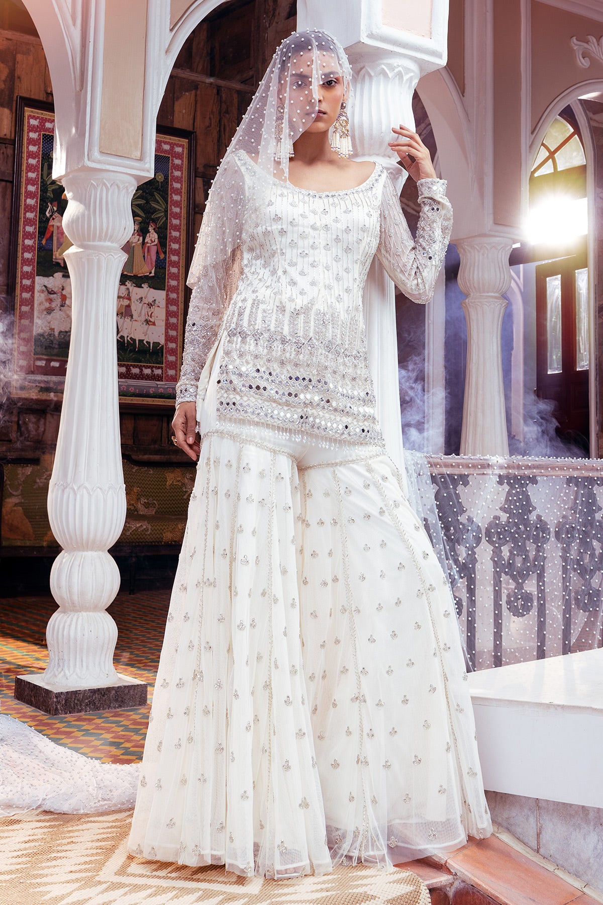 Ecru White Embroidered Kurti Set