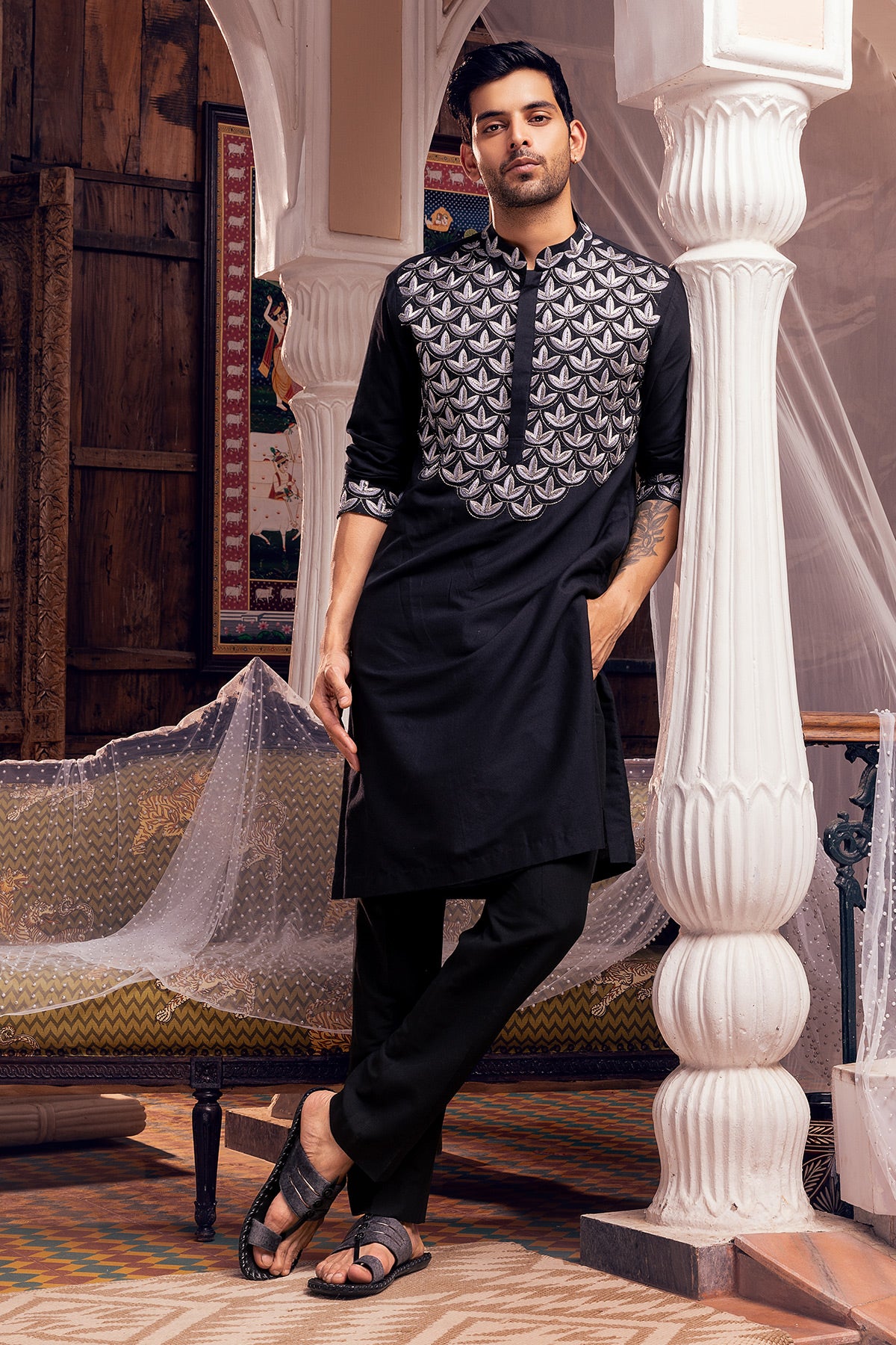 Black Embroidered Kurta, Bundy & Pants