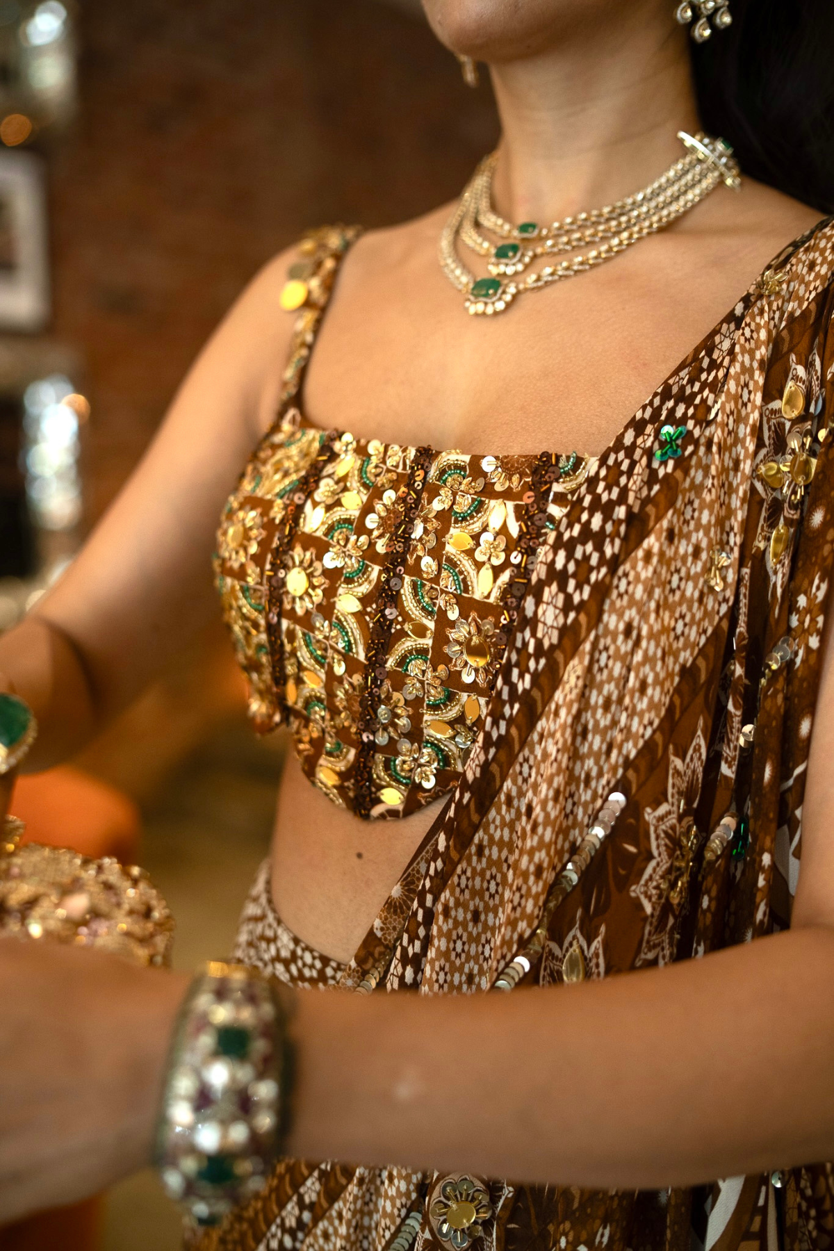 Alisha in Caramel Print And Highlighted Corset Blouse Saree Set