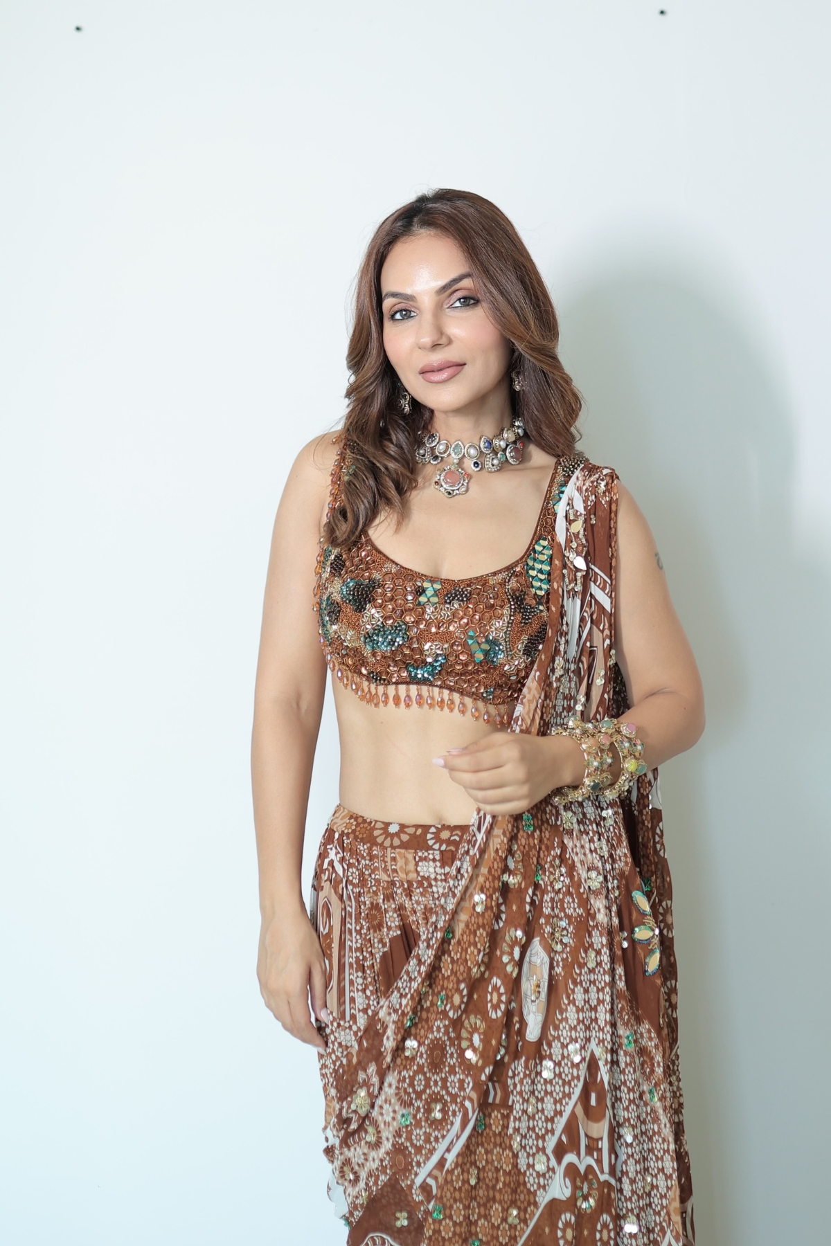 Caramel Print And Highlighted Blouse Tiered Skirt Saree Set