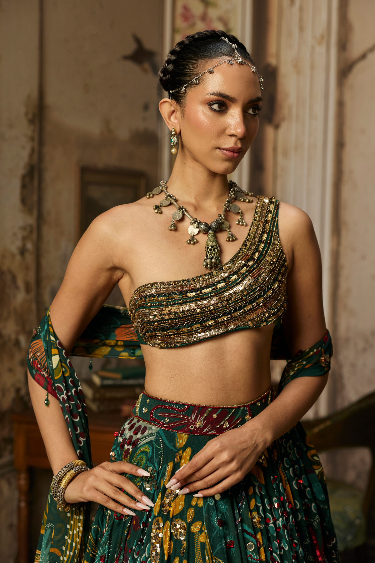 Dark Green Embellished Bouse With Printed And Highlighted Lehenga Set