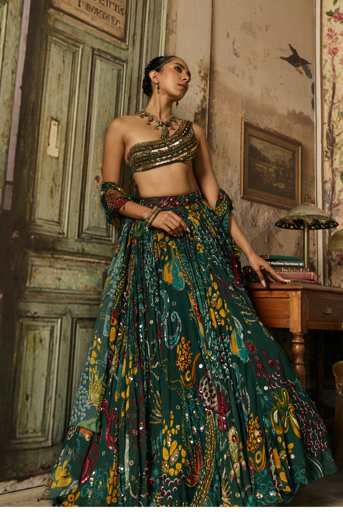 Dark Green Embellished Bouse With Printed And Highlighted Lehenga Set
