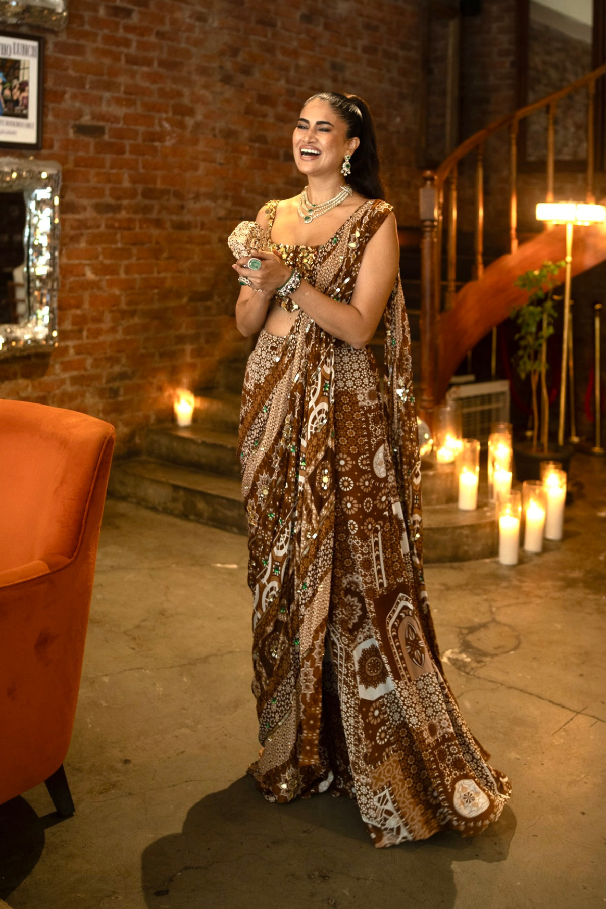 Alisha in Caramel Print And Highlighted Corset Blouse Saree Set