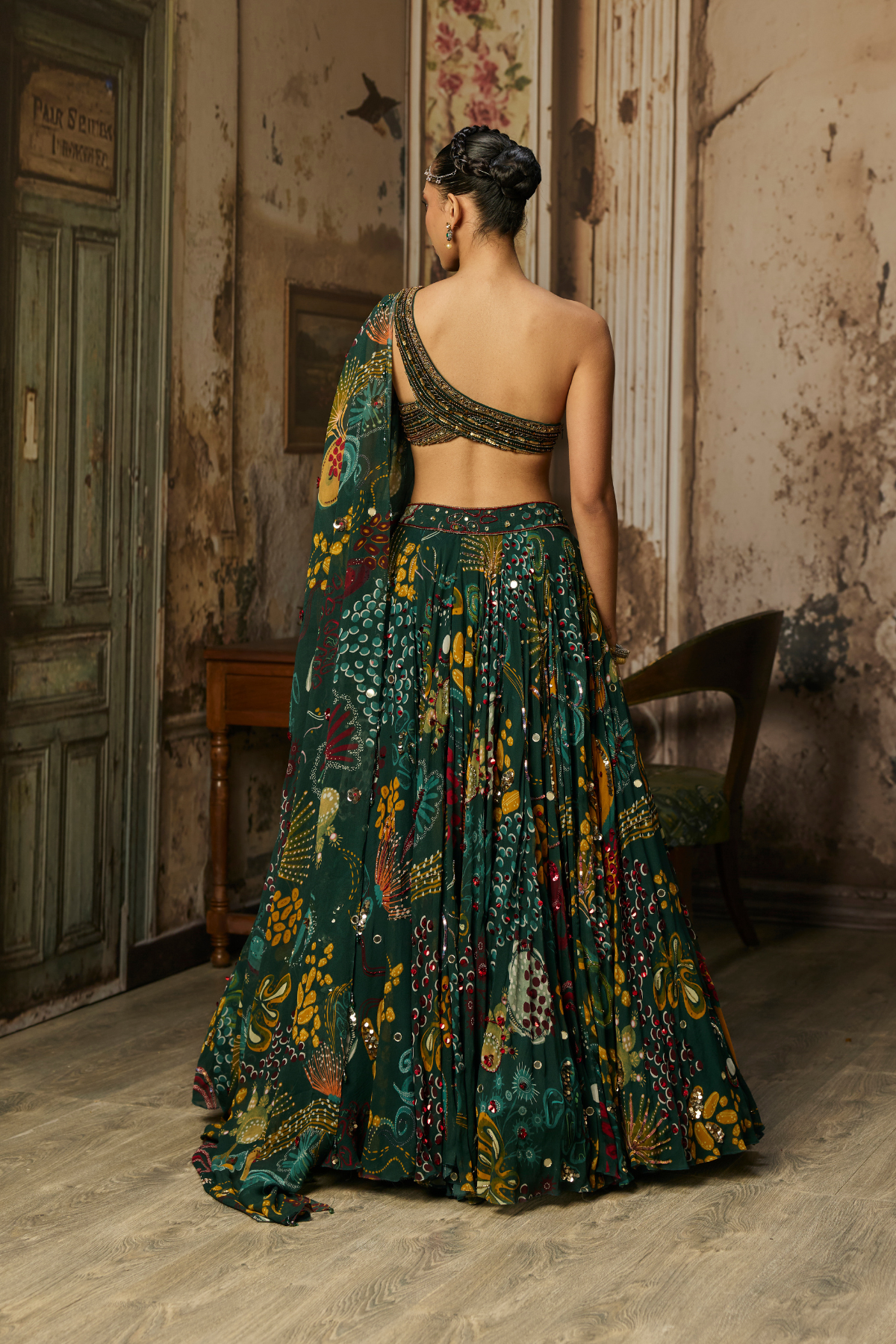 Dark Green Embellished Bouse With Printed And Highlighted Lehenga Set