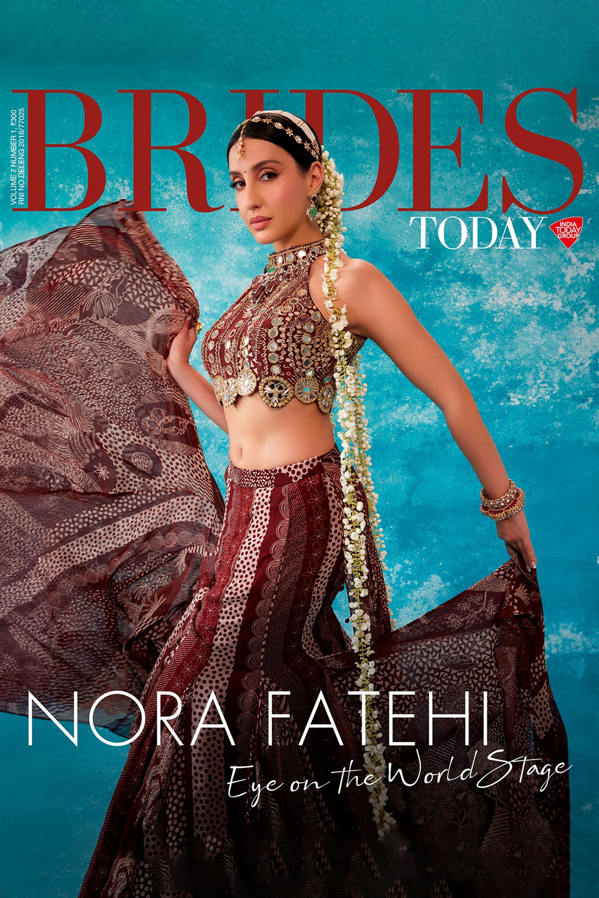 Nora Fatehi in Maroon Print and Highlighted Mermaid Saree Set