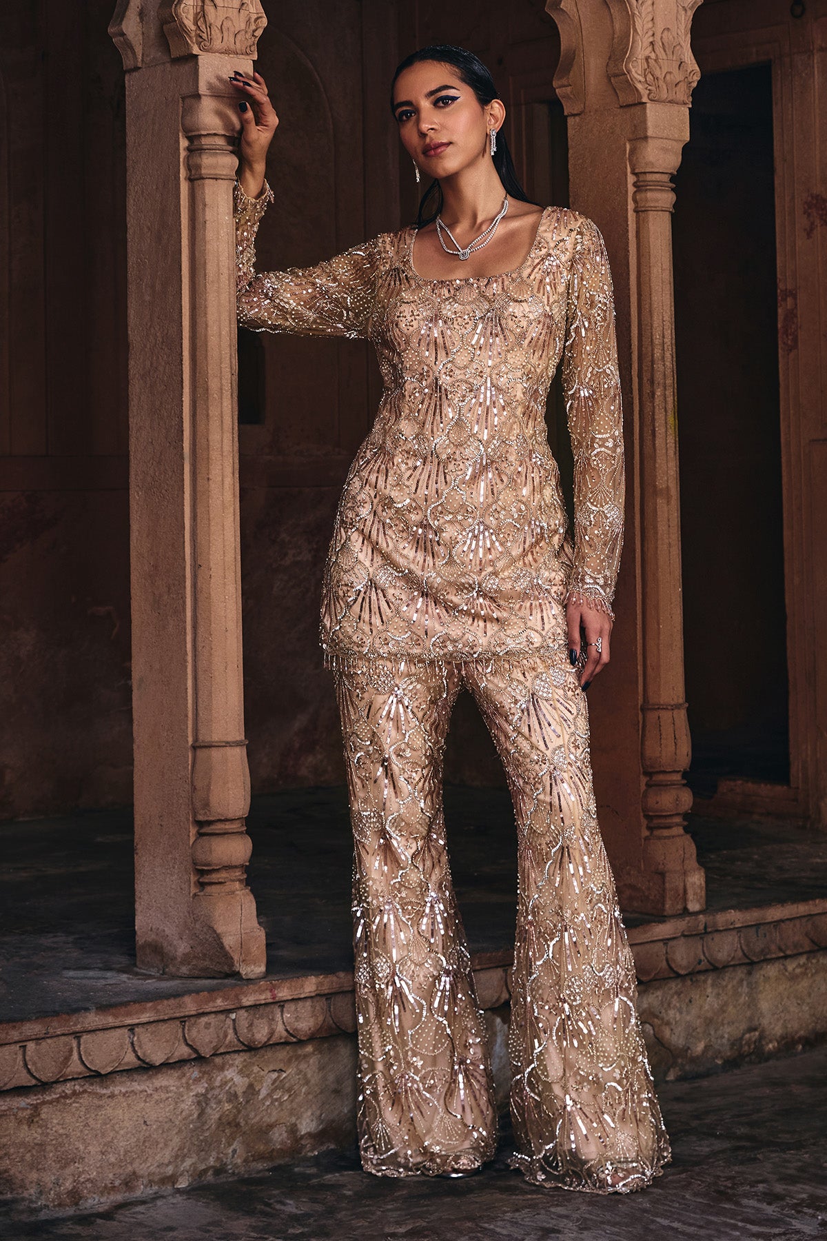 CHAMPAGNE GOLD EMBROIDERED KURTI SET