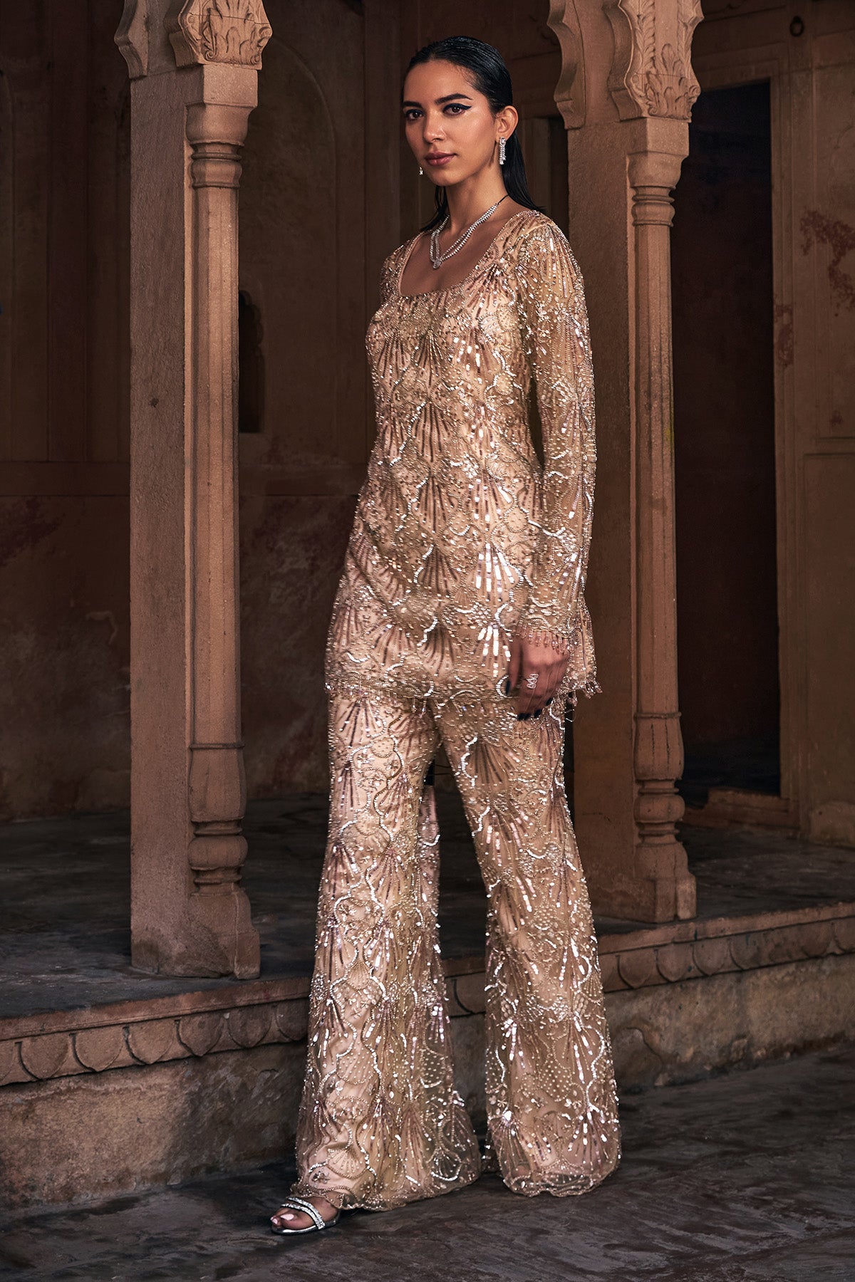 CHAMPAGNE GOLD EMBROIDERED KURTI SET