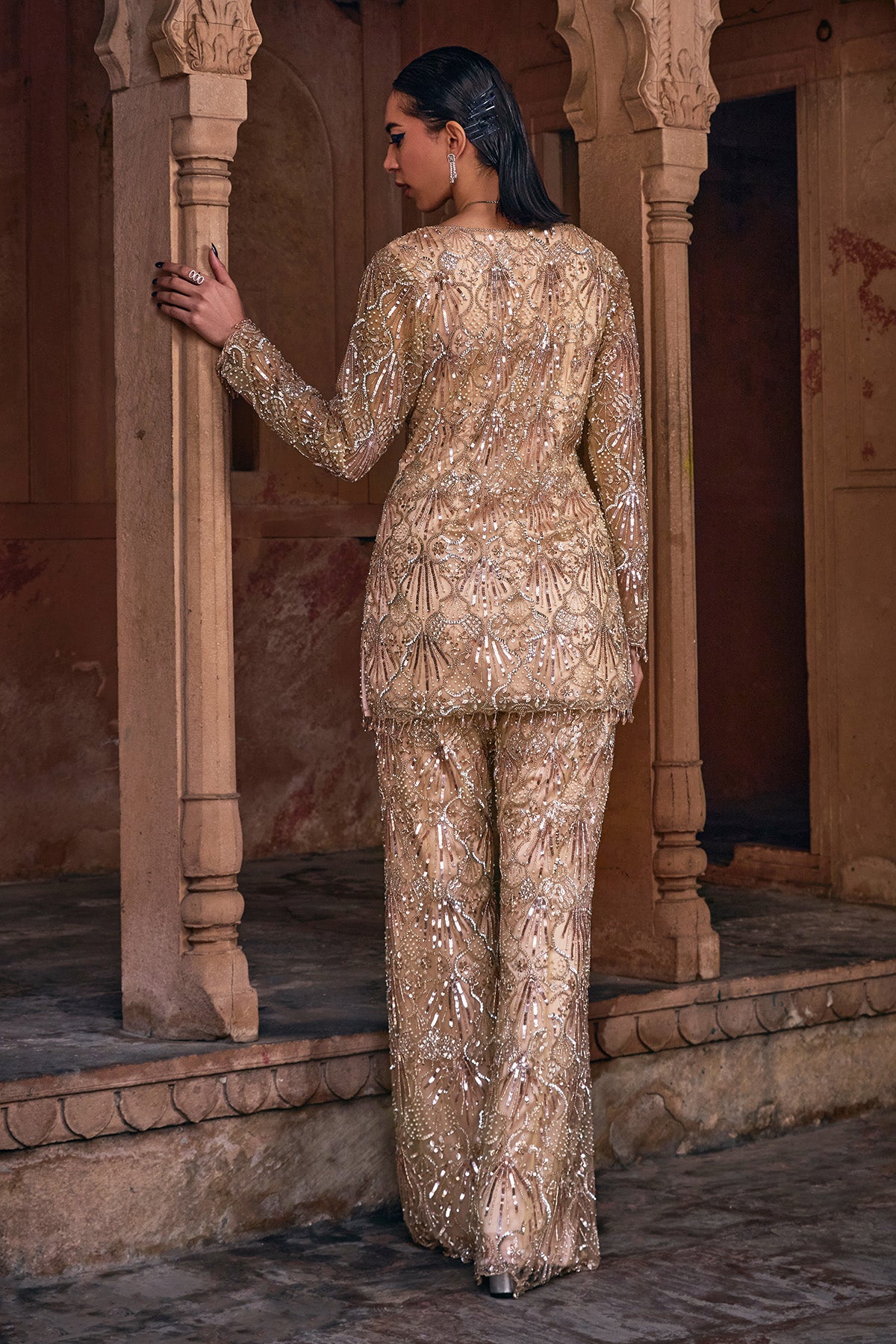 CHAMPAGNE GOLD EMBROIDERED KURTI SET