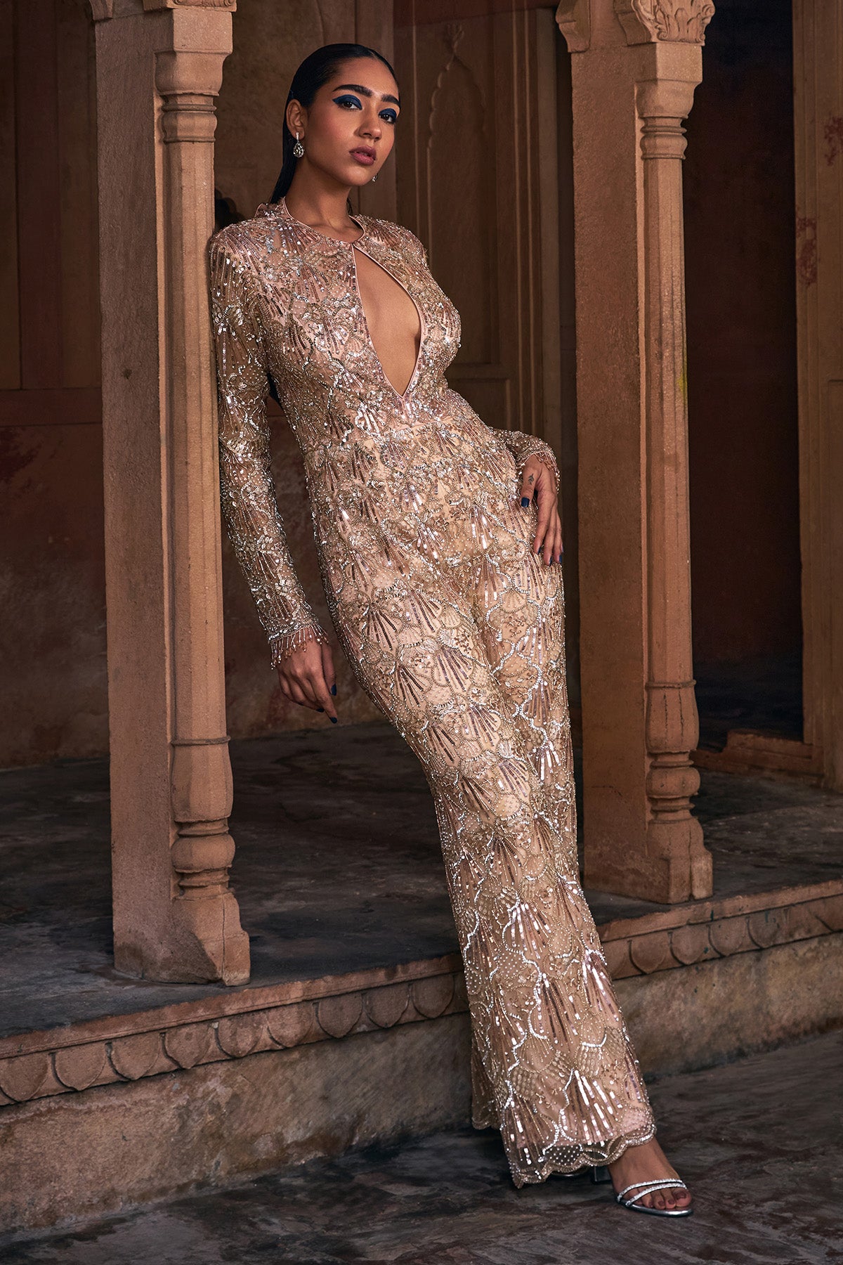 CHAMPAGNE GOLD FULL EMBROIDERED JUMPSUIT