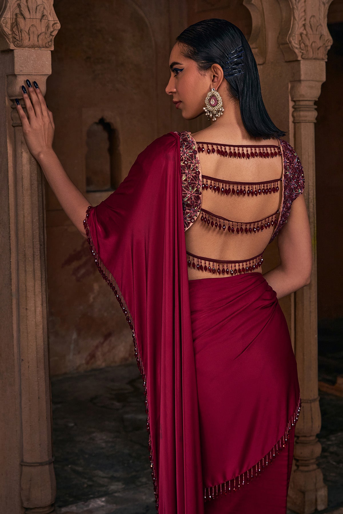 MAROON EMBROIDERED SAREE SET