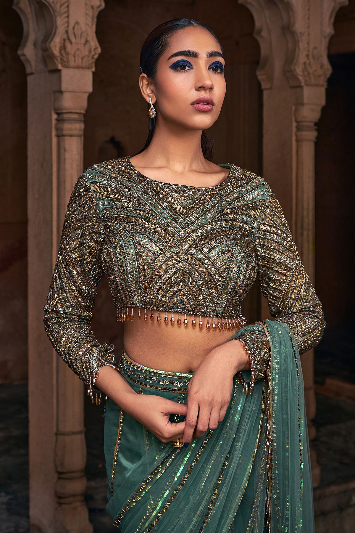 SAGE GREEN EMBROIDERED SAREE SET