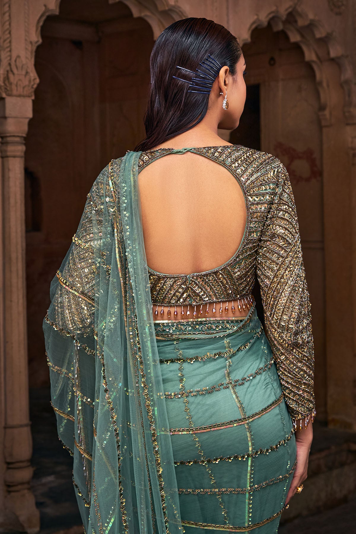SAGE GREEN EMBROIDERED SAREE SET
