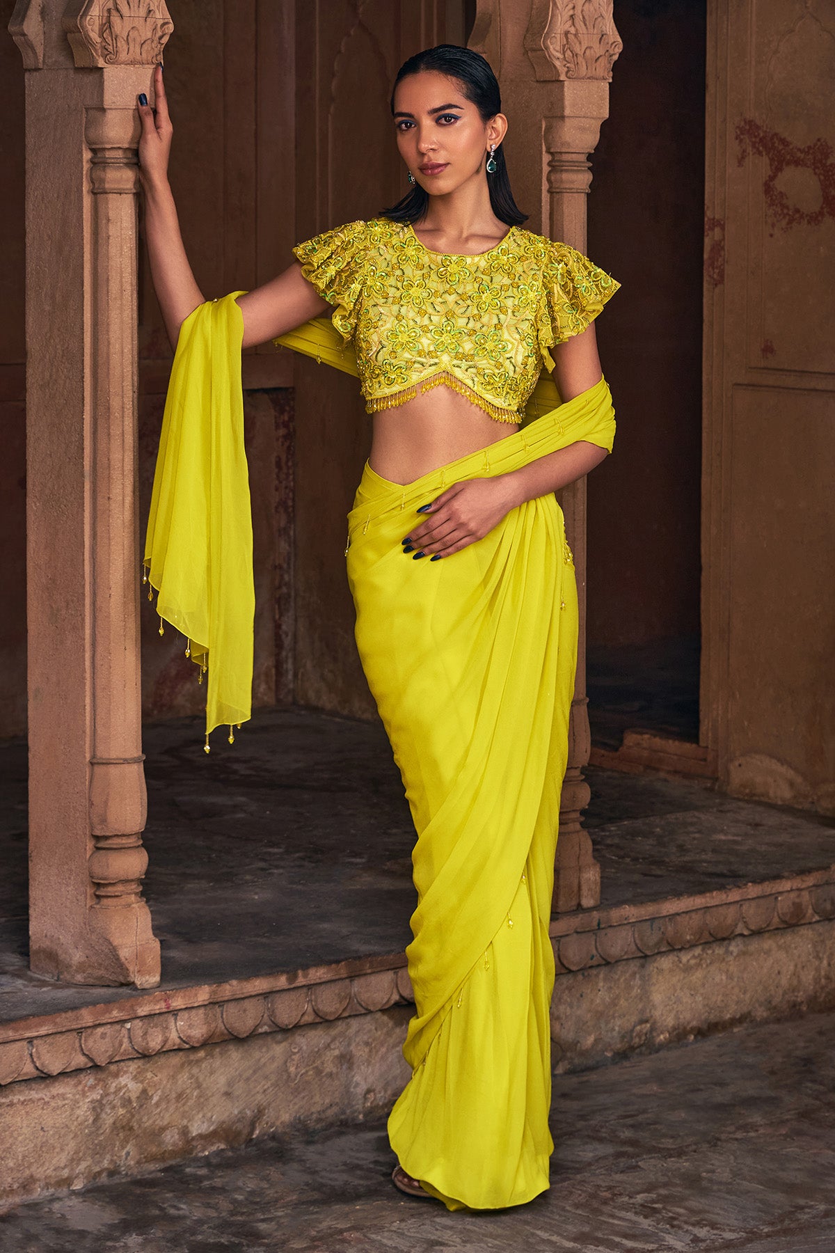 YELLOW EMBROIDERED SAREE SET
