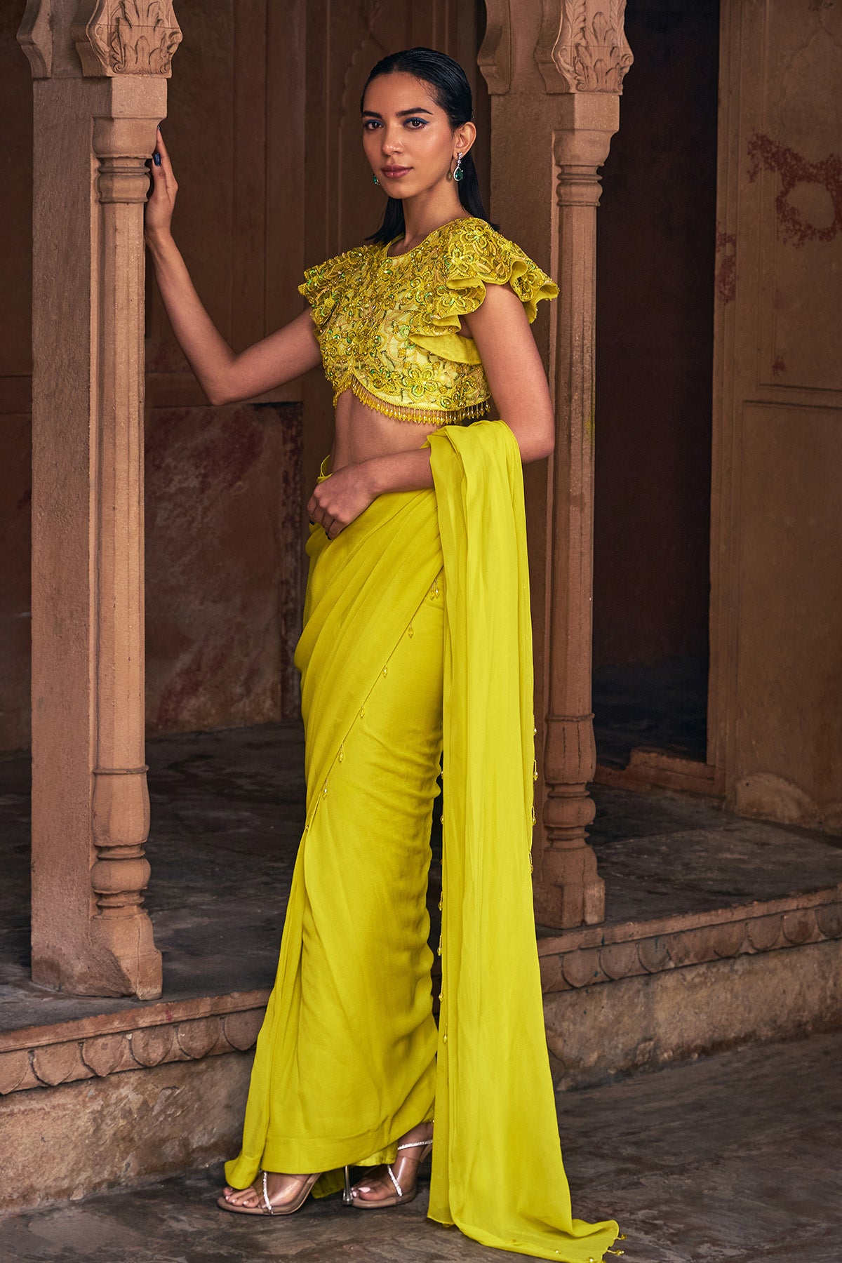 YELLOW EMBROIDERED SAREE SET