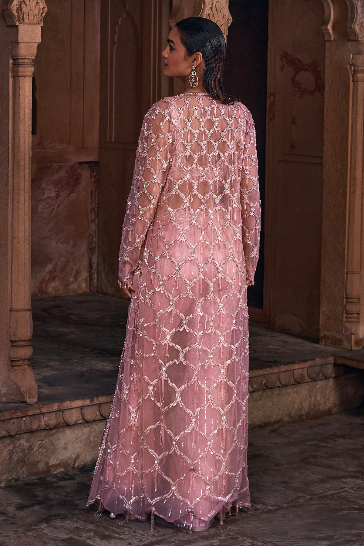 ONION PINK FULL EMBROIDERED LONG JACKET CROP TOP SET