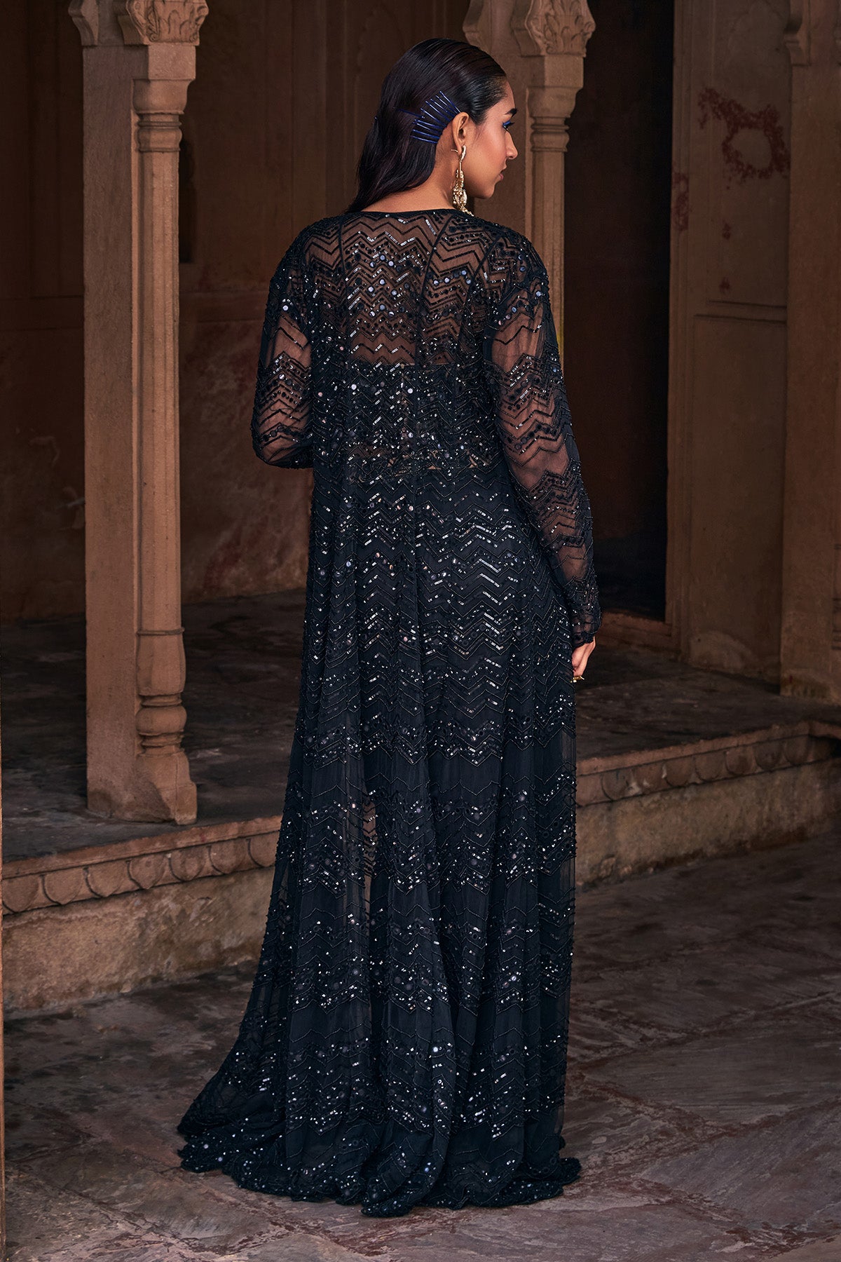 BLACK EMBROIDERED LONG JACKET SET
