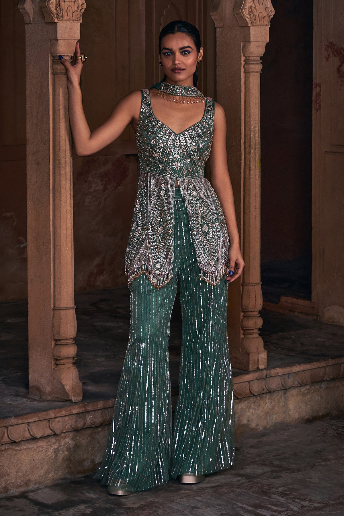 SAGE GREEN EMBROIDERED PEPLUM SET