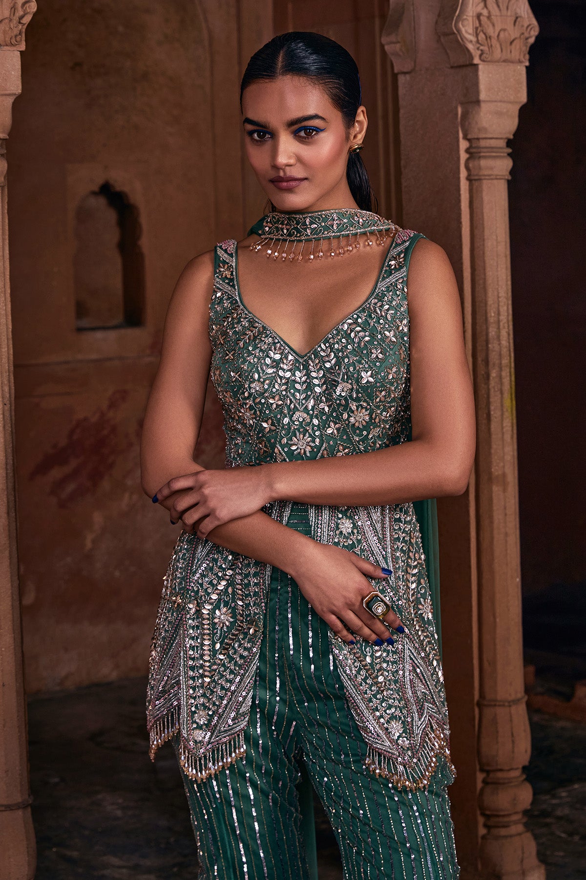 SAGE GREEN EMBROIDERED PEPLUM SET