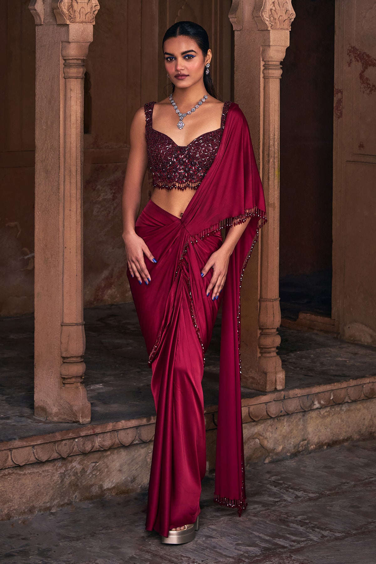 MAROON EMBROIDERED SAREE SET