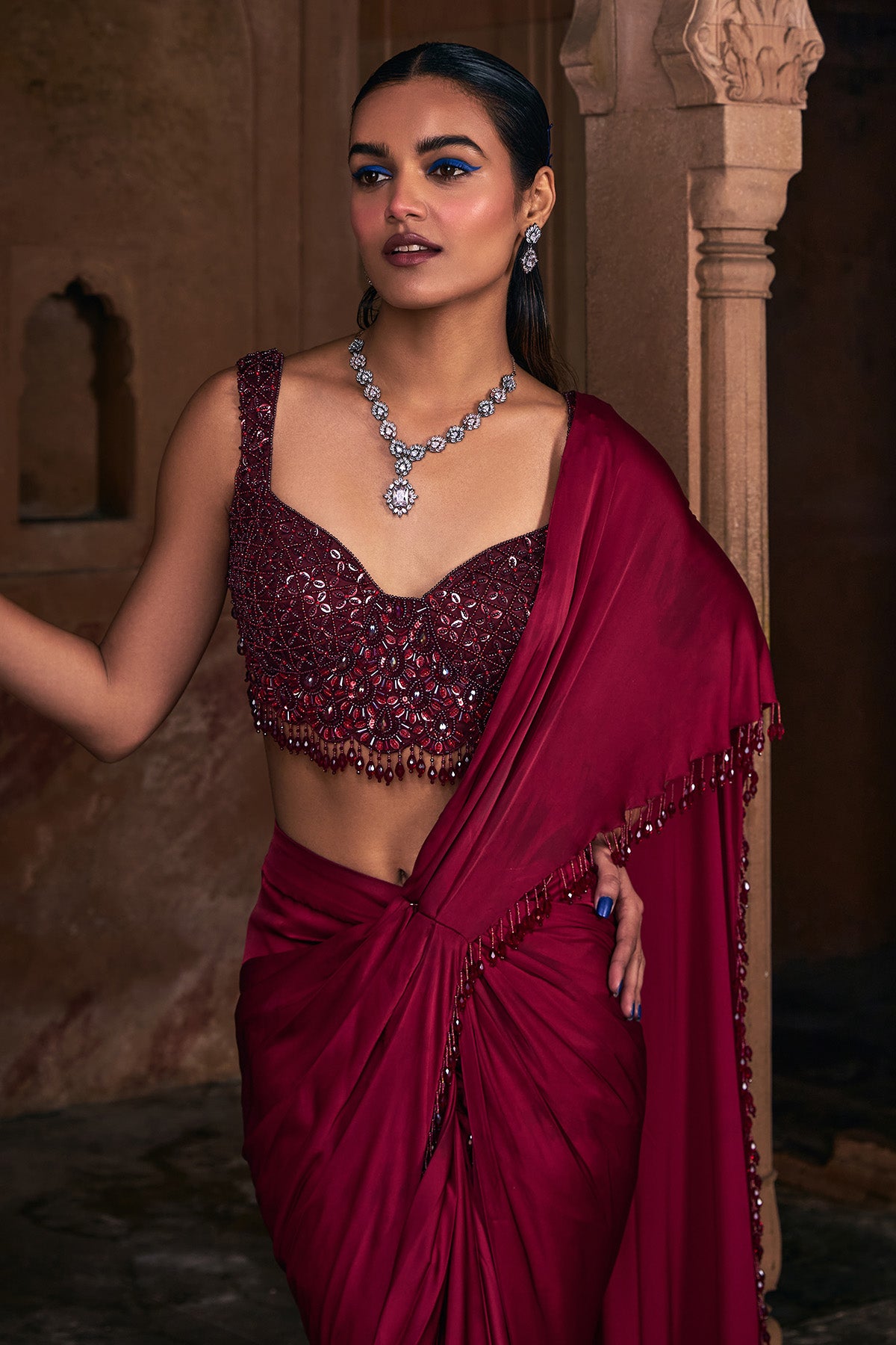 MAROON EMBROIDERED SAREE SET
