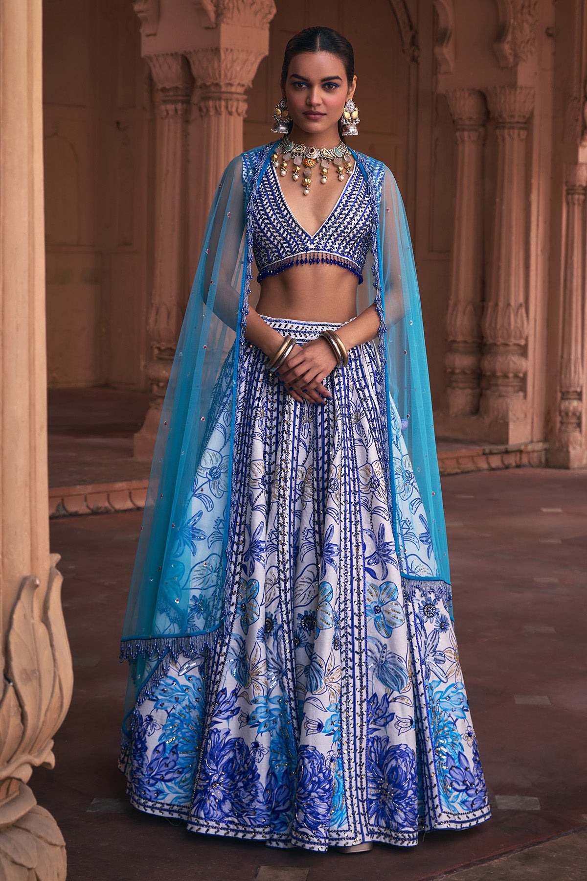 INDIGO BLUE FLORAL FRAME PRINT & EMBROIDERED LEHENGA SET