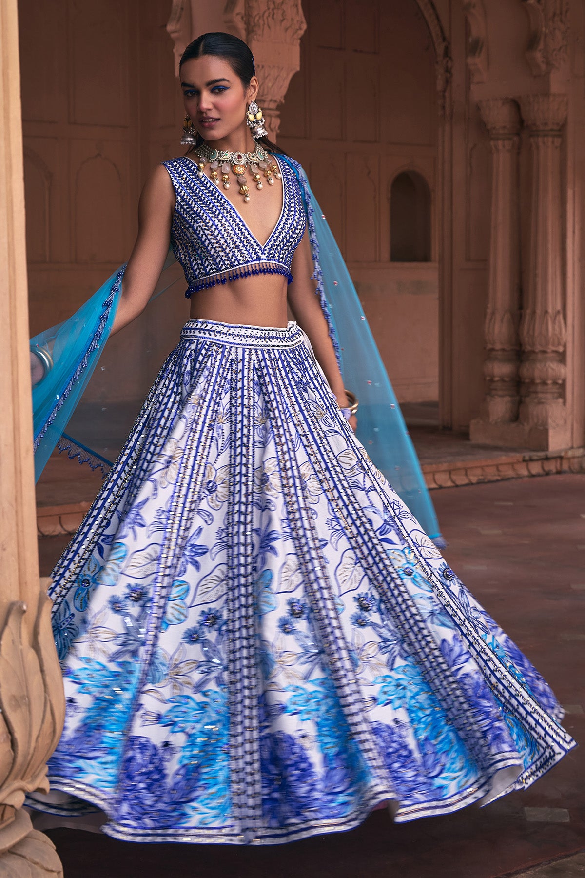 INDIGO BLUE FLORAL FRAME PRINT & EMBROIDERED LEHENGA SET