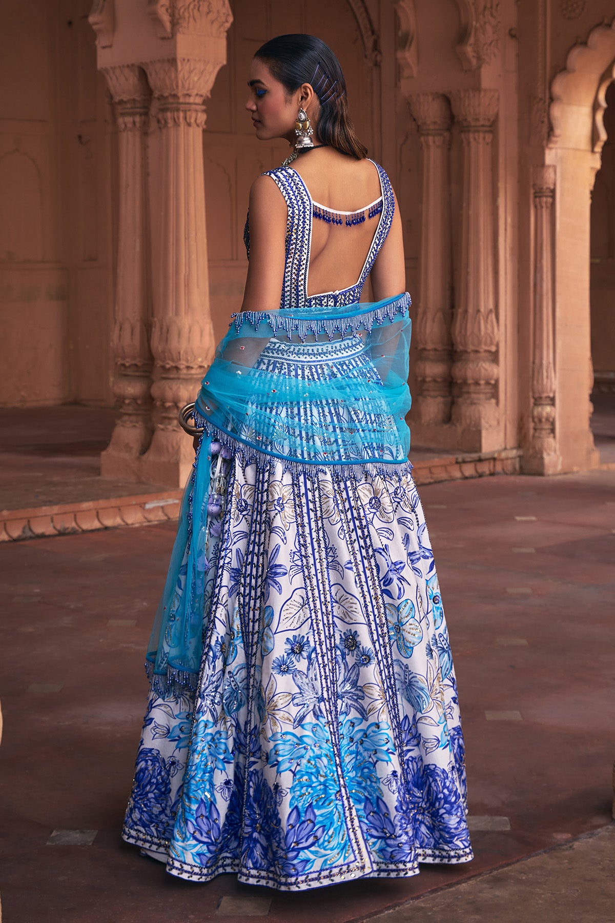 INDIGO BLUE FLORAL FRAME PRINT & EMBROIDERED LEHENGA SET