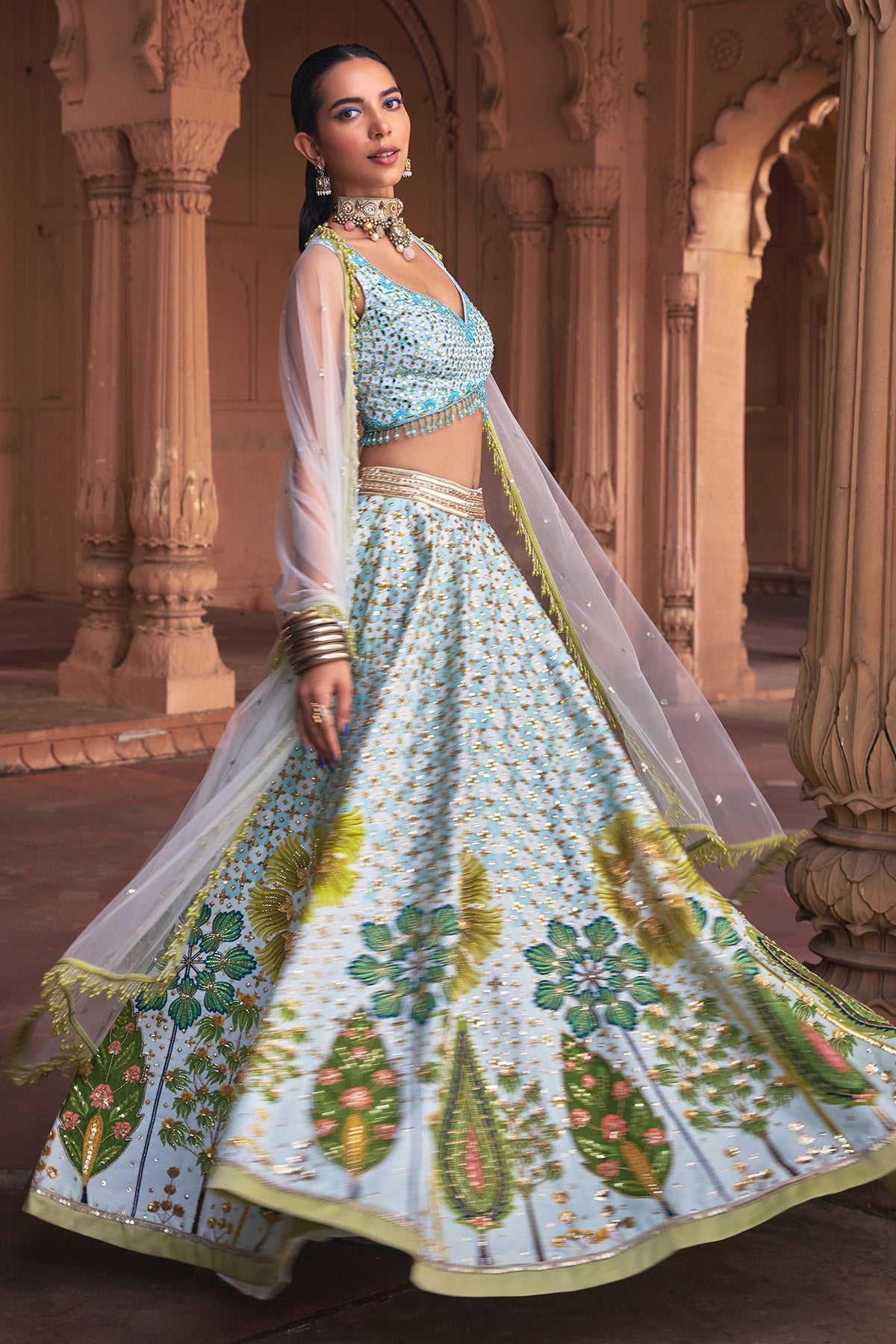 POWDER BLUE FLORAL PRINT & EMBROIDERED LEHENGA SET