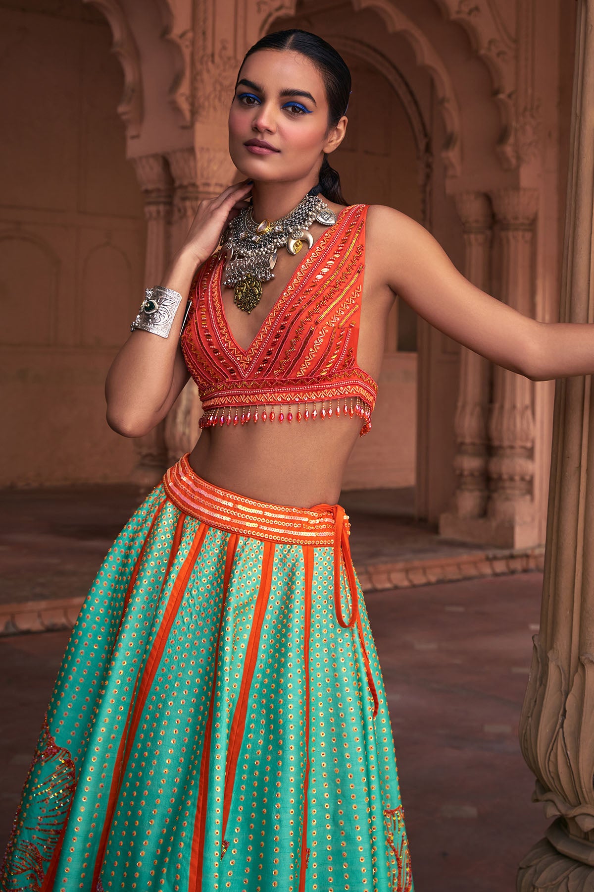 SEAGREEN BIG FLORAL PRINT & EMBROIDERED LEHENGA SET