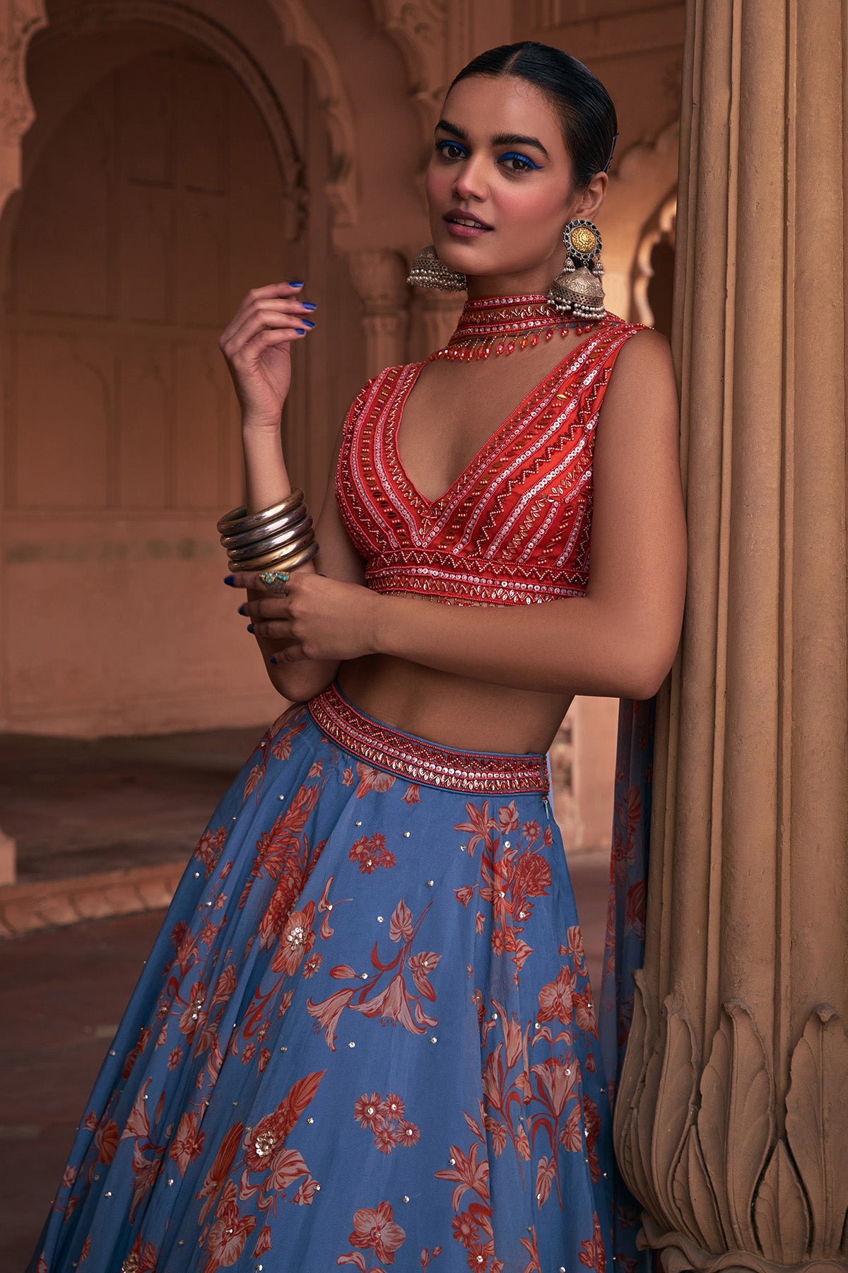 SLATE BLUE FLORAL PRINT & HIGHLIGHTED LEHENGA SET