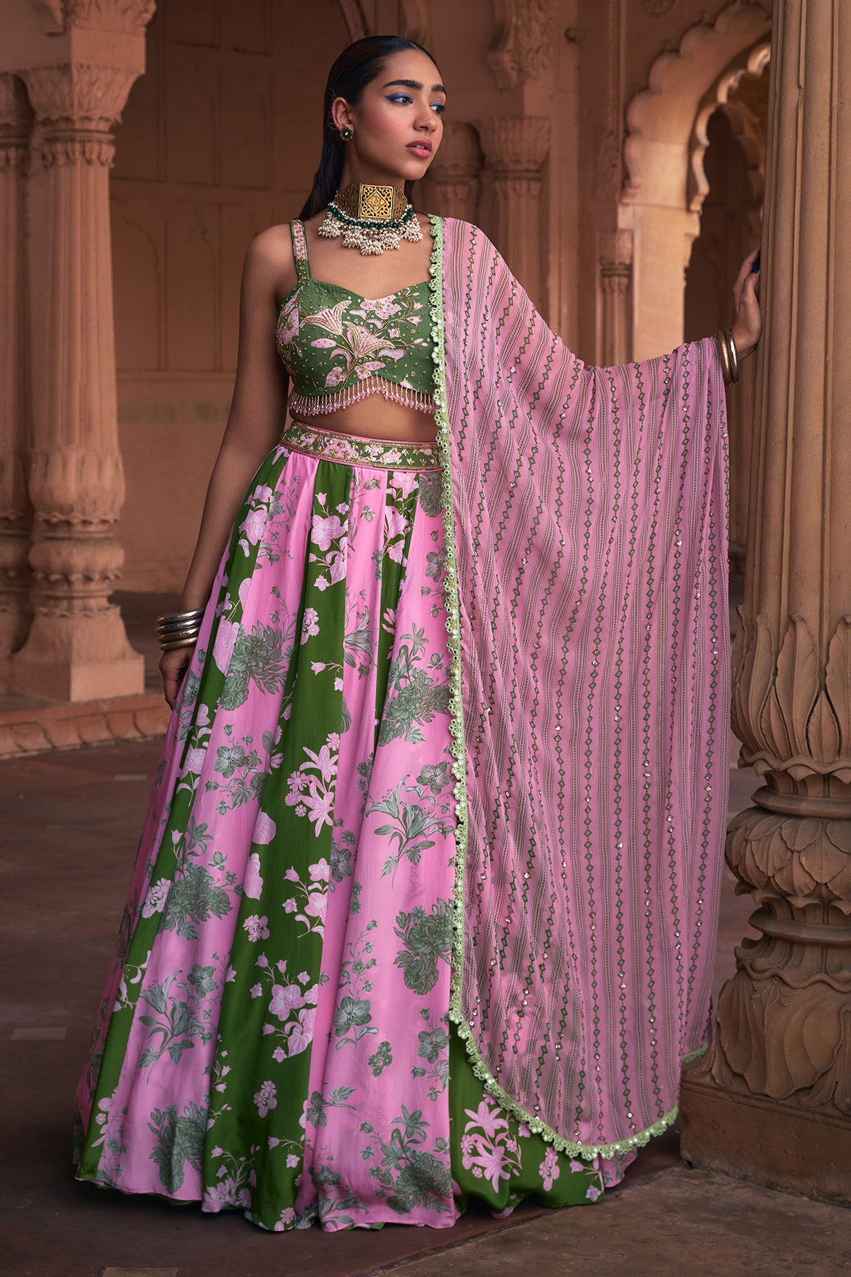 SAGE GREEN FLORAL PRINT & HIGHLIGHTED LEHENGA SET