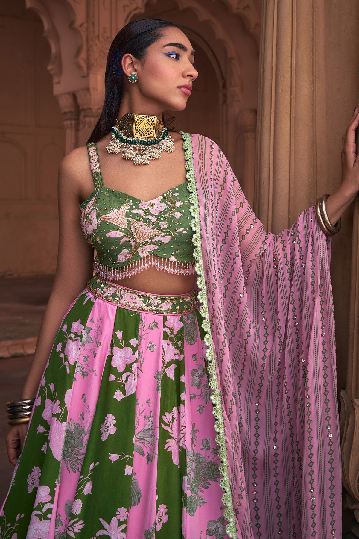 SAGE GREEN FLORAL PRINT & HIGHLIGHTED LEHENGA SET
