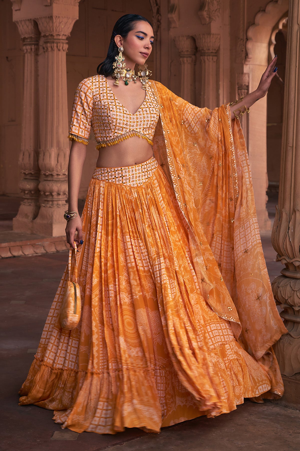 MUSTARD THIKRI PRINT & HIGHLIGHTED LEHENGA SET