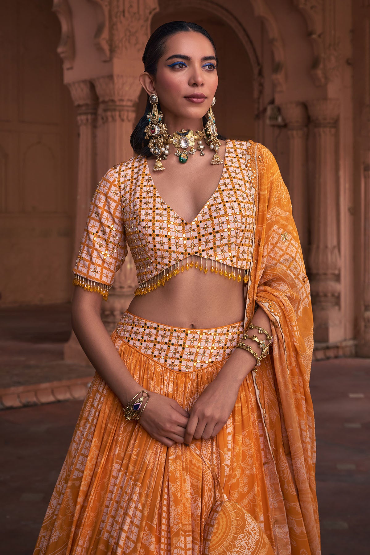 MUSTARD THIKRI PRINT & HIGHLIGHTED LEHENGA SET