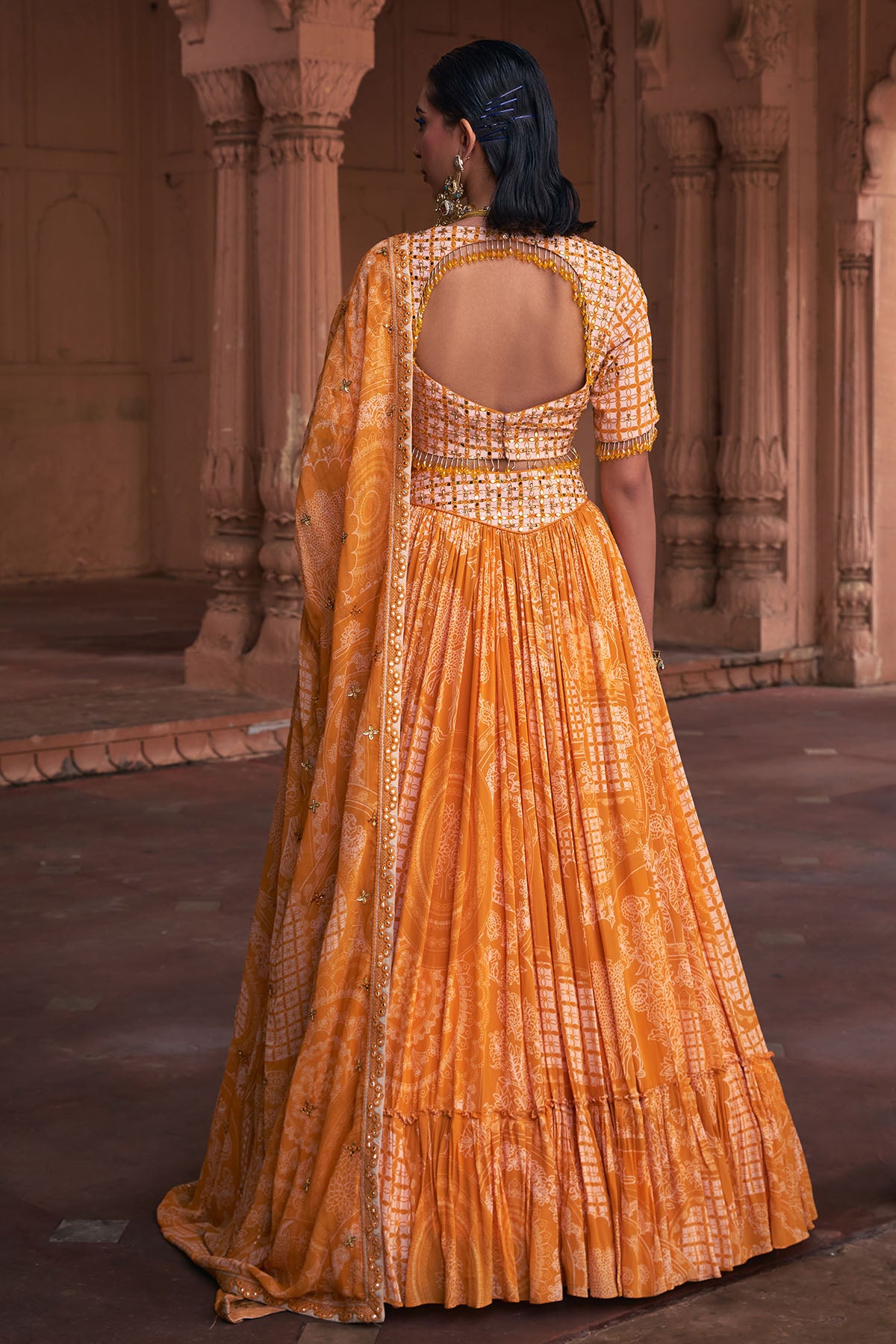 MUSTARD THIKRI PRINT & HIGHLIGHTED LEHENGA SET