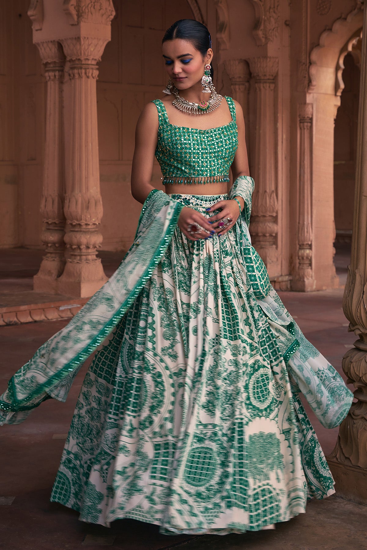 DARK GREEN THIKRI PRINT & HIGHLIGHTED LEHENGA SET