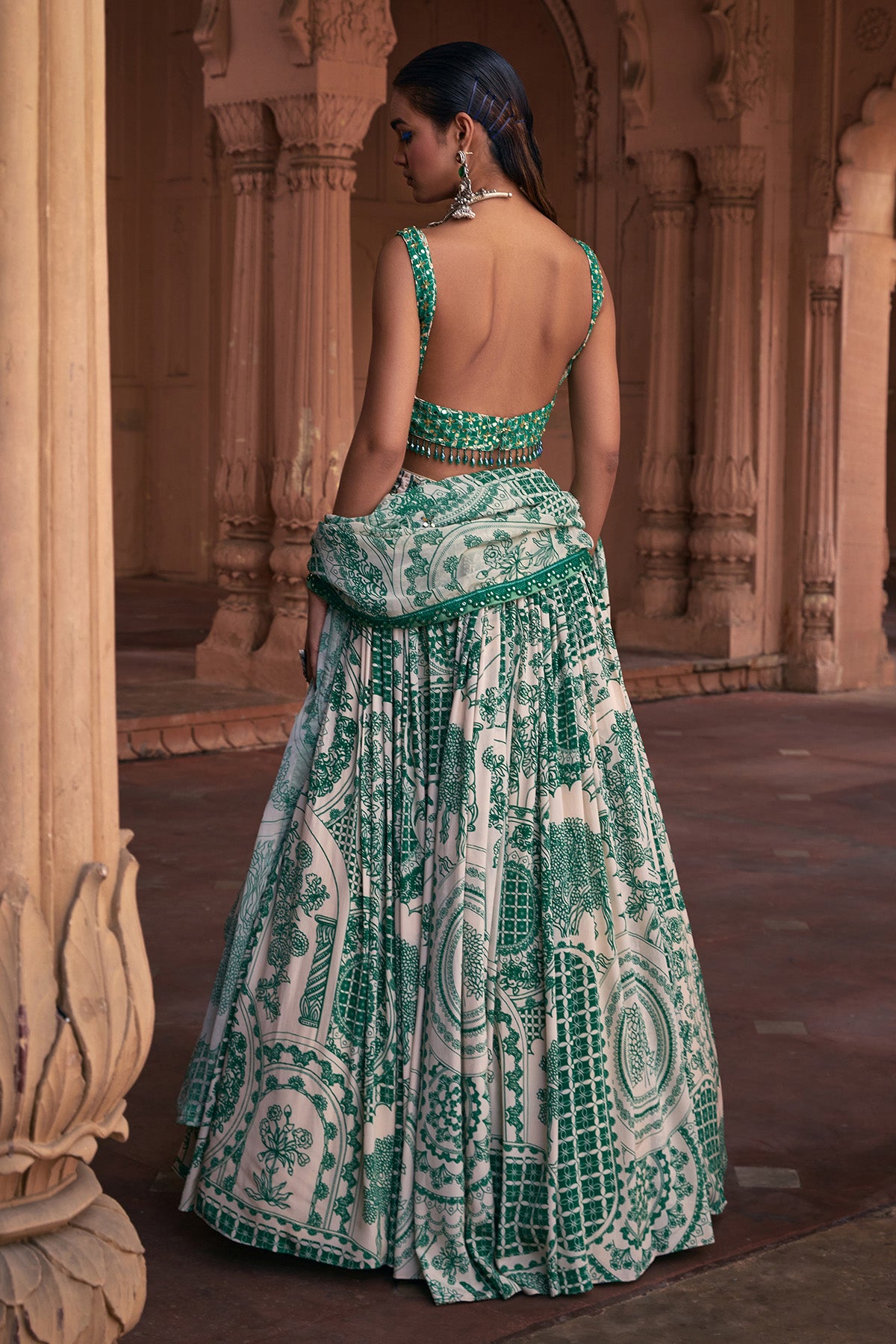 DARK GREEN THIKRI PRINT & HIGHLIGHTED LEHENGA SET