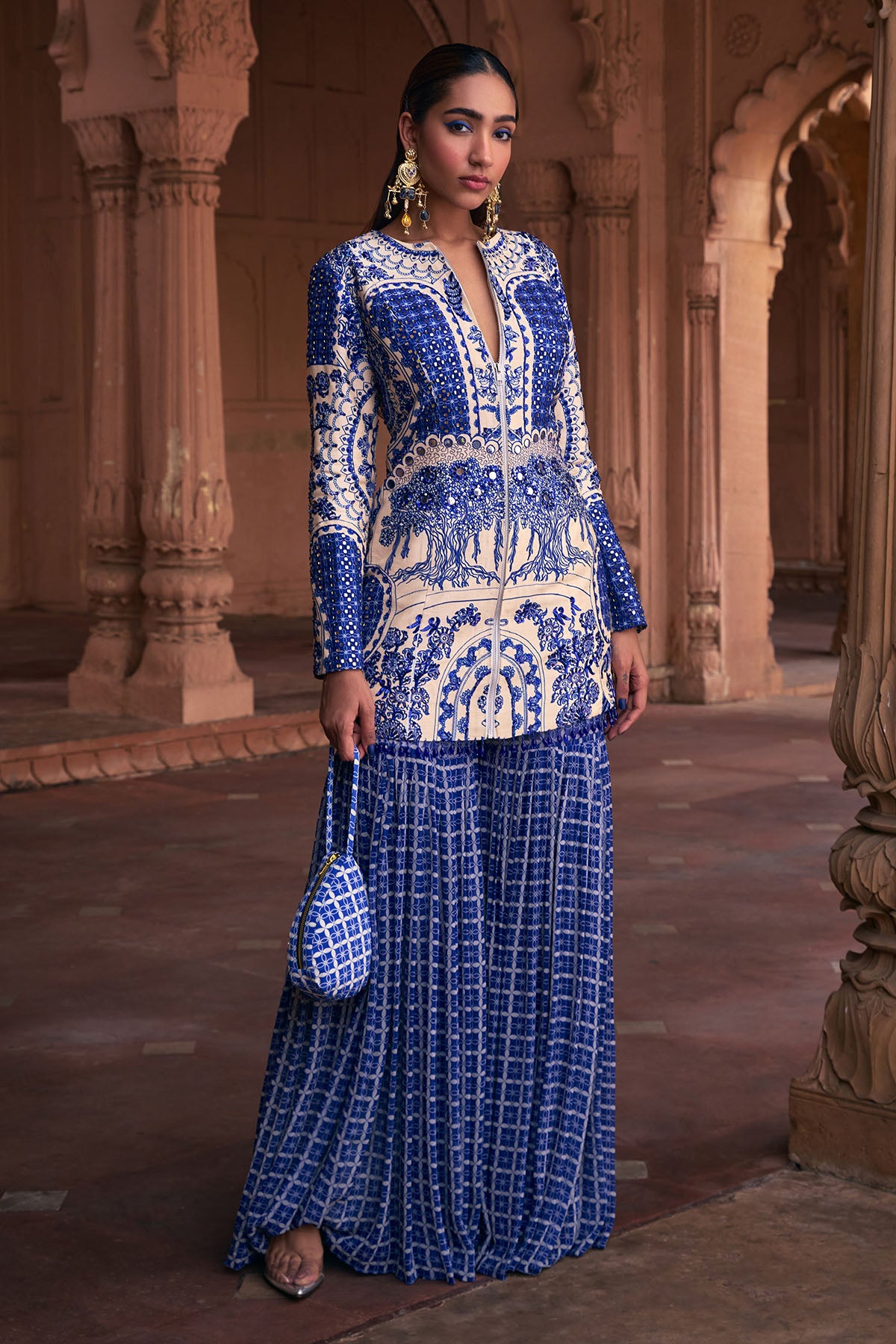 BLUE THIKRI PRINT & HIGHLIGHTED JACKET SET