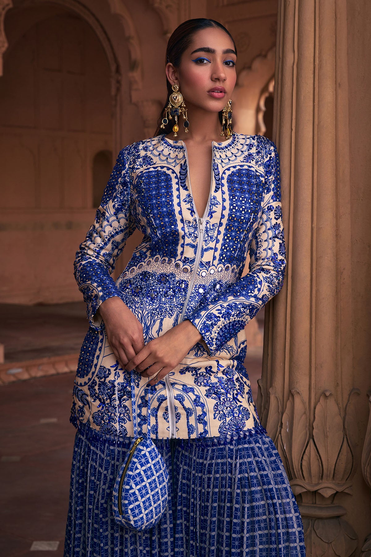 BLUE THIKRI PRINT & HIGHLIGHTED JACKET SET