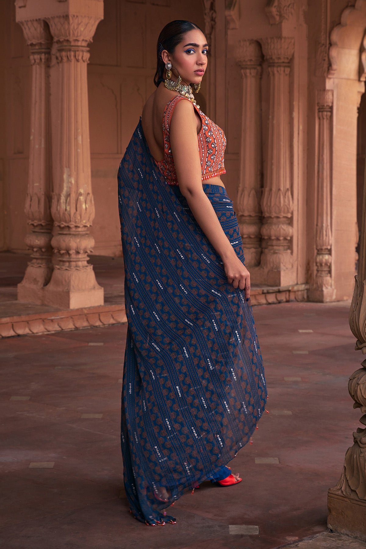 TEAL STRIPE PRINT & HIGHLIGHTED SAREE SET