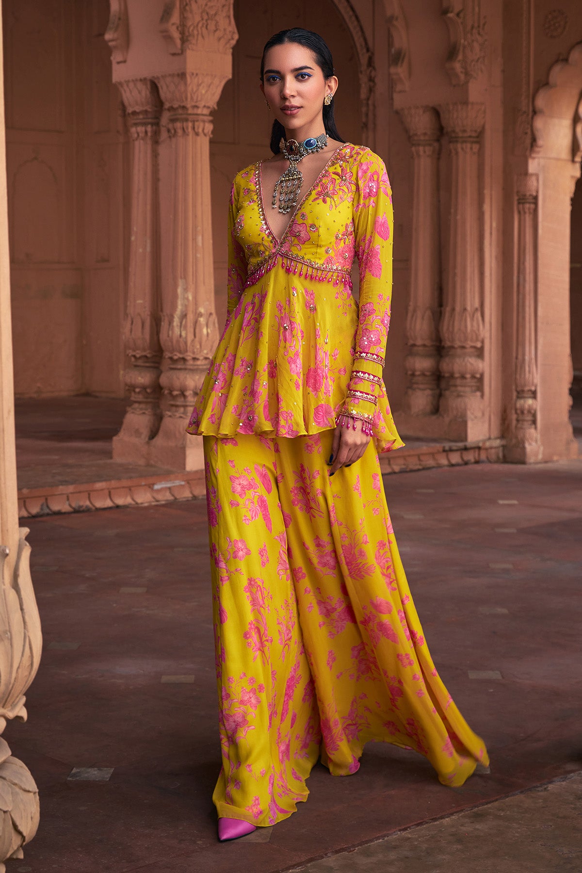 Tamanna Bhatia in Mango Yellow Floral Print & Highlighted Peplum Set