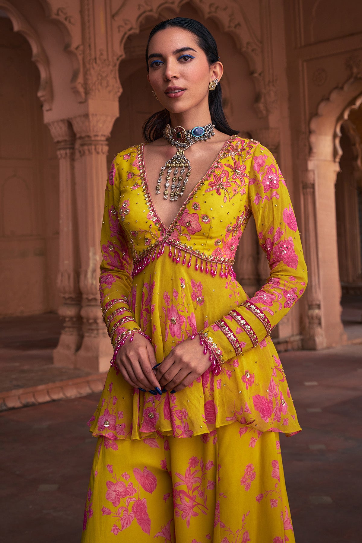 Tamanna Bhatia in Mango Yellow Floral Print & Highlighted Peplum Set