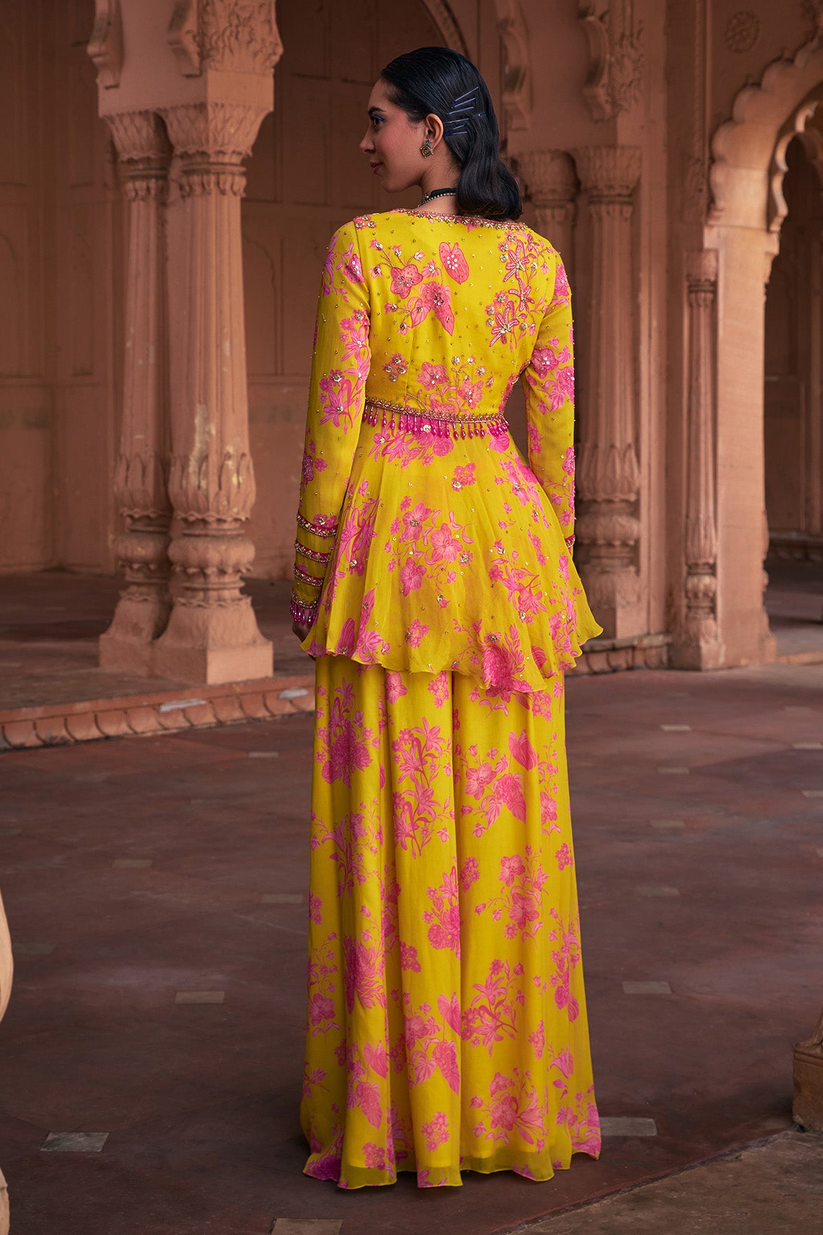 Tamanna Bhatia in Mango Yellow Floral Print & Highlighted Peplum Set